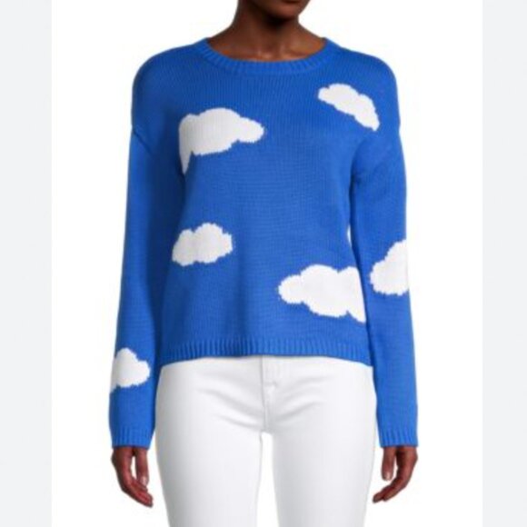 525 America Bright Blue Clouds Chunky Knit Novelty Print Sweater Soft Sz Large - Picture 1 of 4